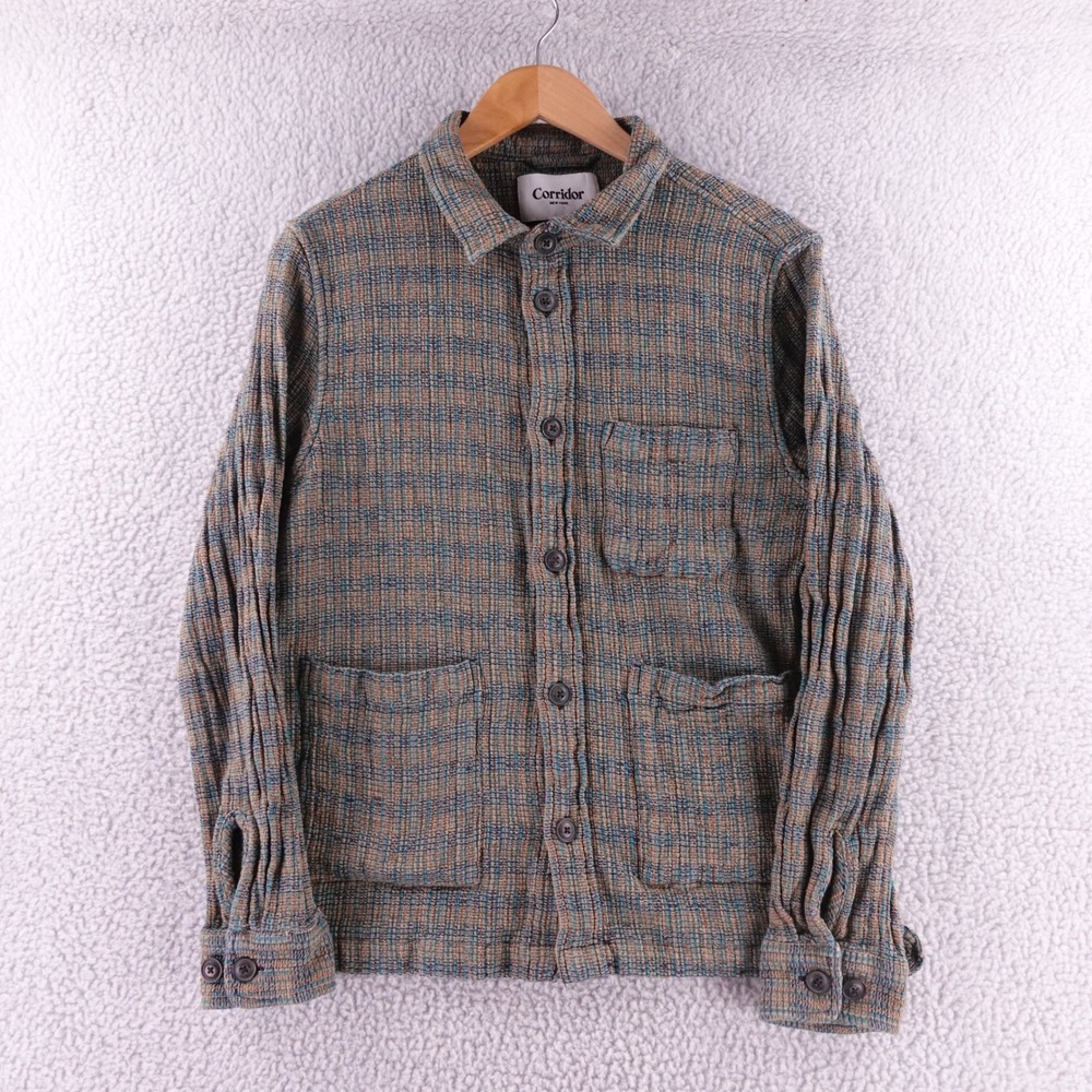 Corridor New York Macro Weave Plaid Lightweight Chore Shacket Brown Blue Women M